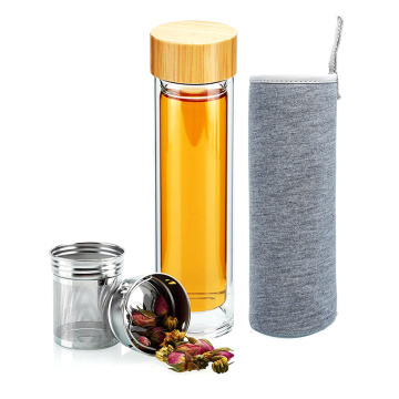 Garrafa de água de vidro borosilicato de infusor de chá de 450ml com tampa de bambu